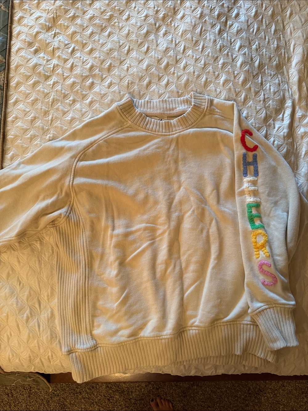 aerie Cream Crewneck Sweater with Multicolor Chenille Sleeve Letters
